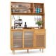 Costway - Bamboo Buffet Cabinet Wine Bar Pantry Cupboard Sideboard with Rattan Sliding Door - Natural