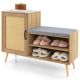 Costway - 2-in-1 Rattan Shoe Cabinet with Bench 3 Adjustable Shelves & Solid Pine Wood Legs - Natural