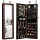 Costway - Wall Mount Mirrored Jewelry Cabinet Organizer LED Lights - Brown