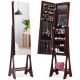 Costway - LED Jewelry Cabinet Organizer Bevel Edge Mirrored Standing Brown - Reddish Brown