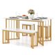 Costway 4 PCS Dining Table Set Kitchen Table w/ Bench & 2 Stools Wing-shaped Metal Legs - White and Gold