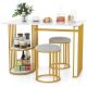 Costway 3 Piece Dining Table Set w/ 2 Stools 2-tier Storage Shelf Upholstered Seat - White and Gold