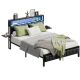 Bestier - Queen Size Bed Frame with Upholstered Headboard Integrated Storage LED Lighting, and Charging Station - Brown