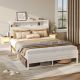 Bestier Queen Gaming Bed Frame Golden Stripe Headboard LED Nightstands with Charging Station - White