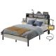 Bestier Queen Gaming Bed Frame Golden Stripe Headboard LED Nightstands with Charging Station - Gray