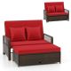 Costway Patio Rattan Daybed Wicker Loveseat Sofa with Multifunctional Ottoman - Mix Brown + Red