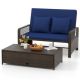 Costway Patio Rattan Daybed Wicker Loveseat Sofa with Multifunctional Ottoman - Mix Brown + Blue