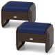 Costway - 2 Pieces Outdoor Patio PE Wicker Ottomans with Removable Cushions Footstools - Mixed Brown + Navy COST03391