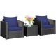 Costway 3PCS Patio Rattan Wicker Furniture Set Sofa Table W/Cushion Yard - Navy