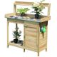 Costway - Outdoor Potting Bench Garden Wooden Work Station Metal Tabletop Cabinet Drawer - Natural