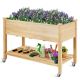 Costway - Raised Garden Bed Wood Elevated Planter Bed w/Lockable Wheels Shelf & Liner - Natural