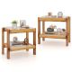 Costway - 2 PCS End Table with Tempered Glass Top Acacia Wood Legs Rattan Storage Shelf - Brown