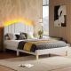 Pinmoco - Full Upholstered Platform Bed Frame with Adjustable LED Arc Headboard - Fabric Beige