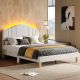 Pinmoco - Queen Upholstered Platform Bed Frame with Adjustable LED Arc Headboard - Fabric Beige
