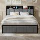 VECELO Bed Frame, Gray Metal Frame Queen Platform Bed Upholstered Headboard with Storage Charging Station, Sturdy Metal Slats THD-Q43-UP-GRY