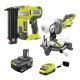 RYOBI ONE+ 18V 18-Gauge Cordless AirStrike Brad Nailer with Cordless 7-1/4 in. Miter Saw, 4.0 Ah Battery, and Charger P321K1-P553