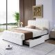 VECELO Upholstered Bed White Metal Frame Full Size Platform Bed with 4-Storage Drawers and Headboard, Wooden Slats Support THD-CY-FB01-UP-WHT