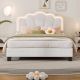 Polibi White Wood Frame Full Size Upholstered Platform Bed with LED Light Strip Elegant Flowers Headboard RS-62263-08A
