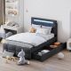 Harper & Bright Designs Gray Wood Frame Twin Size Upholstered Linen Platform Bed with LED Headboard and 2 Drawers NT110AAE