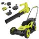 RYOBI One+ 18-Volt 13 in. Cordless Battery Walk Behind Push Lawn Mower and 250 CFM Blower with (2) Batteries and (2) Chargers