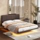 CHRISTOPHER KNIGHT HOME Chrisla Brown Wood Frame Full Size Platform Beds with LED Lighting, Modern Upholstered Leatherette Floating 115014