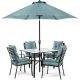 Hanover Lavallette Black Steel 5-Piece Outdoor Dining Set with Umbrella, Base and Ocean Blue Cushions LAVDN5PC-BLU-SU