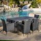Noble House Malta gray 7-Piece Faux Rattan Rectangular Outdoor Patio Dining Set with Silver Cushions 8211