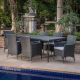 Noble House Makenna Grey 7-Piece Faux Rattan Outdoor Dining Set with Silver Cushion 21280