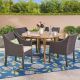 Noble House Kingston Multi-Brown 5-Piece Wood and Faux Rattan Outdoor Dining Set with Beige Cushions 42649