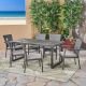 Noble House Garner 7-Piece Sandblast Dark Grey Wood and Faux Rattan Dining Set with Grey Cushions 53689