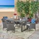 Noble House Stamford Sandblast Dark Grey 6-Piece Wood and Grey Faux Rattan Outdoor Dining Set with Silver Cushions 53687