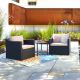 Barton Black 3-Piece Patio Wicker Rattan Conversation Sofa Set with Beige Cushions and Table 93512