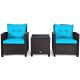 Costway 3-Piece Rattan Wicker Patio Conversation Set Sofa Coffee Table with Turquoise Cushions QD-63759S1