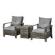 Outsunny 3-Piece Metal PE Rattan Patio Conversation Set with Grey Cushions, 2 Armchairs, and Center Table with Storage 860-111GY