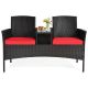 Gymax 3-Piece Rattan Wicker Patio Conversation Set with Loveseat Table and Red Cushions GYM05357
