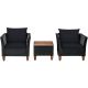 Costway 3-Pieces Wicker Patio Conversation Set Wooden Table Top with Black Cushions QD-665DMW