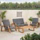Noble House Paloma Teak Brown 4-Piece Wood Outdoor Patio Conversation Seating Set with Dark Grey Cushions 82259