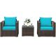FORCLOVER 3-Piece Wicker Patio Conversation Set with Turquoise Cushions and Tempered Glass-Top Table COWY-TU66531