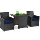 HONEY JOY 3PCS Wicker Patio Conversation Set Space-Saving Furniture Set with Tempered Glass Top Table and Navy Cushioned Chairs TOPB005278
