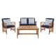 SAFAVIEH Fontana Natural 4-Piece Wood Patio Conversation Set with Navy Cushions and White Geometric Pillows PAT7008J