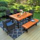 PHI VILLA Black 6-Piece Metal Patio Acacia Wood Outdoor Dining Set with Rectangular Table, 4 Rattan Chairs and Long Bench THD6-201-202-97