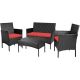 ANGELES HOME 4-Piece Wicker PE Rattan Patio Conversation Set with Tempered Glass Coffee Table and Red Cushions 8CK-65HW357RE