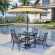 PHI VILLA Black 6-Piece Metal Square Patio Outdoor Dining Set with Slat Table, Umbrella and Fashion Stackable Chairs THD-S5-104