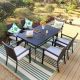 PHI VILLA Black 7-Piece Metal Slat Rectangle Table Patio Outdoor Dining Set with Rattan Chairs with Beige Cushion HD-S7-32648