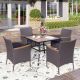 PHI VILLA Black 5-Piece Metal Patio Outdoor Dining Set with Wood-Look Square Table and Rattan Chairs with Blue Cushion HD-S5-544