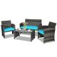 Alpulon 4-Piece Wicker Outdoor Conversation Furniture Set with Turquoise Cushions and Tempered Glass Table ZMWV437