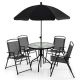 ANGELES HOME 6-Pieces Metal Outdoor Dining Set, Folding Sling Chairs, Tilt Umbrella, Tempered Glass Dining Table, Black and Grey M0472GR-8NP1