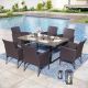 PHI VILLA Black 7-Piece Metal Patio Outdoor Dining Set with U Shaped Rectangle Table and Rattan Chairs with Blue Cushion THD7-139-097