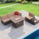 Sizzim 6-Piece Wicker Patio Conversation Set with Fire Pit Table, Beige Cushion SM-1203505BR-6-1