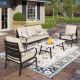 PHI VILLA Metal Slatted 5 Seat 4-Piece Steel Outdoor Patio Conversation Set With Beige Cushions and Table With Marble Pattern Top D-C-E02F1424546